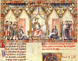 Fol.5r Hovet till Alfonso X (1221-84) den vise, kungen av Kastilien och Leon, miniatyr från Cantigas de Santa Maria av Spanish School