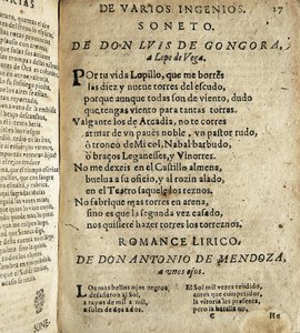 GOGOORA Y ARGOTE, Luis de (1561-1627). Spansk poet från det gyllene århundradet; VEGA CARPIO, Felix Lope de (1562-1635). Soneto a Lope de Vega" (Sonett till Lope de Vega), dikt som ingår i "Poesias varias de grandes ingenios espanoles", sammanställning gjo av Spanish School