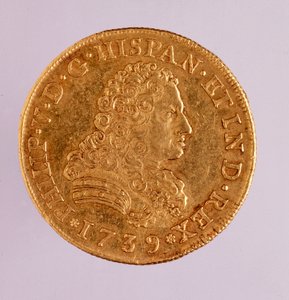 Guldmynt (8 ecu) från Spanien: Filips (Filippo eller Philippe) V:s regeringstid (1700-1746). 1739 Diam. 3,6 cm Neapel, museo archeologico av Spanish School