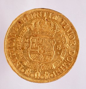 Guldmynt (8 ecu) från Spanien: Filips (Filippo eller Philippe) V:s regeringstid (1700-1746). 1739 Diam. 3,6 cm Neapel, museo archeologico av Spanish School