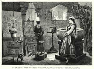 Grekisk-ortodoxa kyrkan i klostret St Lazarus, Larnaca, Cypern (litho) av Spanish School