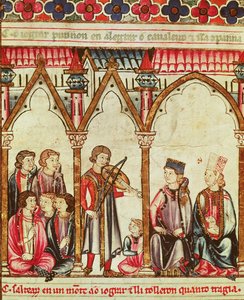 Grupp av trubadurer, illustration från Cantigas de Santa Maria, gjord under ledning av Alfonso X (den vise) kungen av Kastilien och Leon (1221-84) (se även 56625) av Spanish School