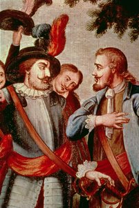 Hernando Cortes (1485-1547) och Diego di Velasquez (1465-1524) (olja på duk) (detalj) (se 113574) av Spanish School