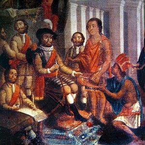 Hernando Cortes (1485-1547) tar emot aztekernas hyllning (olja på duk) av Spanish School