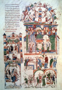 Salomos historia: "" Kung Salomo tar emot tributen"" Sidan (fol. 129 v;) hämtad från "" Bibeln om Roda"" (man. lat. 6) gjord i Spanien på 1000-talet. Paris, B.N. av Spanish School
