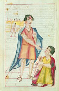 Illustration av en Quipu, från "Historia och kungliga genealogi av Inka-kungarna av Peru, deras gärningar, seder, kostymer och regeringssätt", känd som Codice Murua av Spanish School