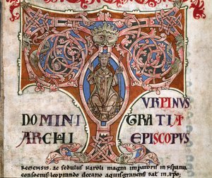 Initial T med en avbildning av Karl den Store, illustration från Codex Calixtinus, ca 1140 av Spanish School
