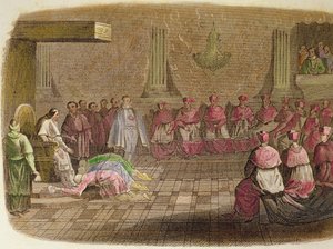 Japanska ambassadörer lutar sig ner för påven Gregorius XIII:s fötter 1585 av Spanish School