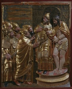 Jesus framför Kaifas, detalj av en renässansaltartavla (målat och förgyllt trä) av Spanish School