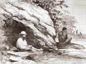 Jules Crevaux, under sin utforskning av Franska Guyana 1878, i skuggan av en sten på stranden av floden Oyapock eller Oiapoque av Spanish School