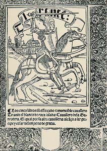 Riddare på sitt berg, Frontispice av det spanska verket Tirant lo Blanc av Joanot MARTORELL (1413-1468) av Spanish School