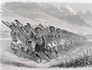 Maori Warriors Performing a War Dance, illustration från "The Return to the World" (gravyr) av Spanish School