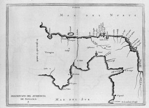 Karta över Centralamerika (Panama) från en spansk volym av resor från början av 1600-talet. Kartan är orienterad på det antika läget (nordöst till öst) och Atlanten kallas Nordsjön och Stilla havet. av Spanish School