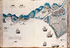 Karta över en del av Nya Spanien, Perus kust och staden Lima, från "Kartor över Amerikas kuster i Sydhavet, från den sista befolkningen av spanjorer i dem, som är staden Compostela, och framåt" av Spanish School