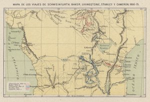 Karta som visar upptäcktsresandena Georg August Schweinfurth, Samuel Baker, David Livingstone, Henry Morton Stanley och Verney Lovett Cameron i Afrika av Spanish School