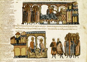 Miniatyr från "Synopsis historiarum" eller "Byzantine Chronicles" (Historier om de bysantinska kungarna och händelser från 811 till 1057) av John (Johannes eller John) Scylitza (eller Skylitzes eller Scylitzae) (11-1100-talet) av Spanish School