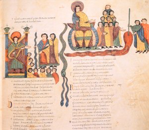 Moses och Aron inför farao, Moses med ormen och skapade en av Egyptens plågor genom att med sin stav omvandla Nilens vatten till blod, från den visigotisk-mozarabiska biblen