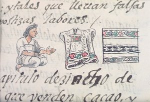 Fru Palat. 218-220 Bok IX En aztekisk köpman som säljer kappor, från den florentinska kodeksen av Bernardino de Sahagun, ca 1540-85 av Spanish School