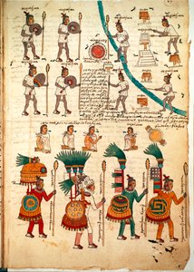 Sida från Codex Mendoza som visar aztekiska krigare beväpnade med spjut och sköldar, ca 1541-42 (penna och bläck på papper) av Spanish School