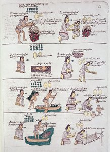 Sida från Codex Mendoza, som visar disciplin och sysslor som tilldelats barn, Mexiko, ca 1541-42 av Spanish School