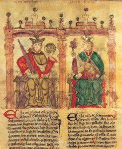 Pelagius (685-737), grundare av Asturiens kungarike och hans barnbarn Fruela I (722-68) (pigment på veläng- av Spanish School