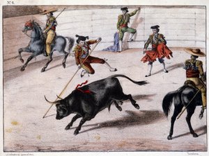 Abborrehopp, tjurfäktning i Spanien, spansk litografi, sd. 1800-talet av Spanish School