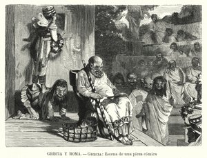 Föreställning av en komedi på en teater i antikens Grekland (litho) av Spanish School