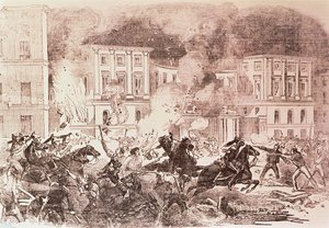 Populistiska uppror i Madrid, The Rioters försöker sätta eld på drottning Maria Christinas palats 1854 (litho) av Spanish School