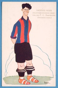 Vykort som föreställer en karikatyr av den spanska fotbollsspelaren Vicente Piera från Barcelona av Spanish School