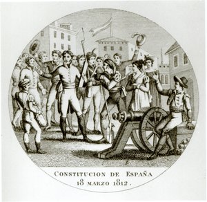 Tillkännagivande av den liberala konstitutionen av den 18 mars 1812, av patrioterna, promulgerad i Cadiz av Cortes av Spanish School