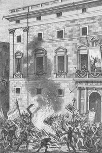 Människor i Barcelona brinnande porträtt av bourbonerna, 1868 (gravyr) av Spanish School
