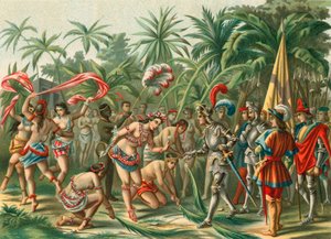 Mottagning från Anacaona, kallad Golden Flower, på Hispaniola för Bartholomew Columbus och Hermano del Almirante av Spanish School