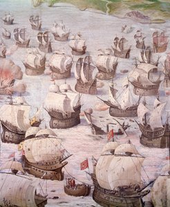 Regatta av spanska galjoner under en expedition till Acores 1582 under Filip II (1527-1598), kung av Spanien. Fresk från 1500-talet. Hall of Battles, Palace of the Escorial, Madrid. av Spanish School