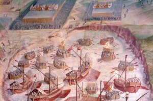 Regatta av spanska galjoner under en expedition till Acores 1582 under Filip II (1527-1598), kung av Spanien. Fresk från 1500-talet. Hall of Battles, Palace of the Escorial, Madrid. av Spanish School