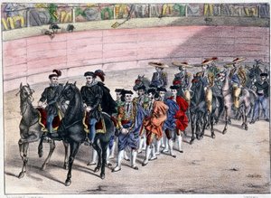 Utgivning av kvadrillen, corrida i Spanien, litografi sd. 1800-talet av Spanish School