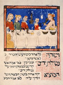 Reproduktion av påskmåltiden, från Sarajevo Haggadah av Spanish School