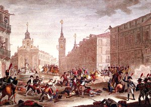 Upplopp mot Napoleons trupper, Madrid, maj 1808 (färggravyr) av Spanish School