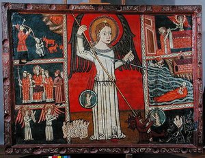 Sankt Mikael som besegrar djävulen porträtterad som en drake och väger själar på en våg (olja på panel) av Spanish School