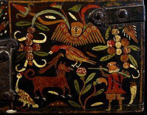 Scen som skildrar spanska jägare och indianmotiv, detalj från målad trästam, kolonialtid, spanskt ursprung, Bolivia av Spanish School
