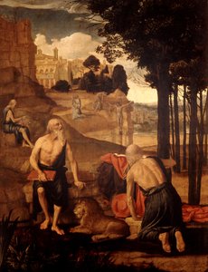 Scener ur St. Hieronymus liv; St Francis i extas med broder Leo av Spanish School