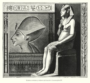Sittande staty och relief av den fornegyptiske farao Akhenaton (Amenhotep IV) (litho) av Spanish School