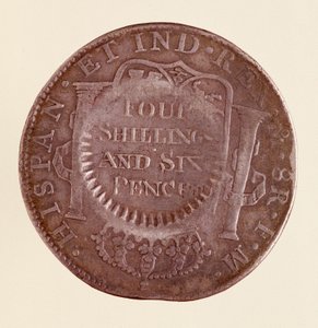 Silvermynt (8 realer) från Spanien: Karl III:s regeringstid (1759-1788). 1777 med motstämpel av 1787. Diam. 3,9 cm Neapel, museo archeologico av Spanish School