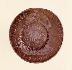 Silvermynt (8 realer) från Spanien: Karl III:s regeringstid (1759-1788). 1777 med motstämpel av 1787. Diam. 3,9 cm Neapel, museo archeologico av Spanish School