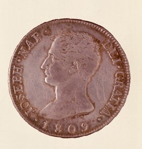 Silvermynt (douro eller piastra) från Spanien: Joseph Napoleons regeringstid (1808-1813). 1809 Diam. 4 cm Neapel, museo archeologico av Spanish School