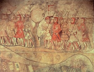 Soldater från Kung James I:s armé (1208-76) en grupp fotsoldater med pilbågar och lansar, detalj från en väggmålning från det tidigare Palacio Reale, Barcelona (väggmålning) av Spanish School