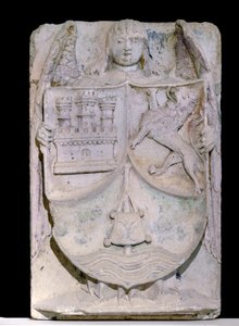 Spansk lapp från 1300-talet: Kastiliens och Leons vapensköld, pinnen av pelerin evoque Saint Jacques de Compostela, bevarad i cistercienserklostret Fontenay, Bourgogne (Kastiliens och Leons vapen, Spanien av Spanish School