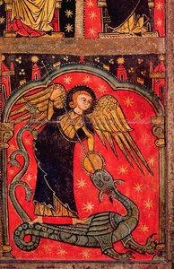 St. Michael slåss mot draken (tempera på panelen) av Spanish School