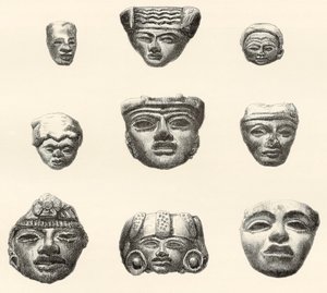 Stenhuvuden och masker hittades i Teotihuacan, Mexiko av Desiré Charnay under hans expedition 18801883 av Spanish School