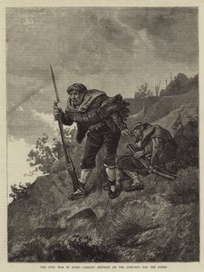 Inbördeskriget i Spanien, Carlist Sentries på jakt efter fienden (gravyr) av Spanish School