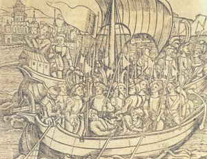 Upptäckten av den nya världen av Chrisopher Columbus (1450-1596) illustration från "General History of the Indies and New World" av Francisco Lopez de Gomara (f.1510) 1554 (gravyr) av Spanish School